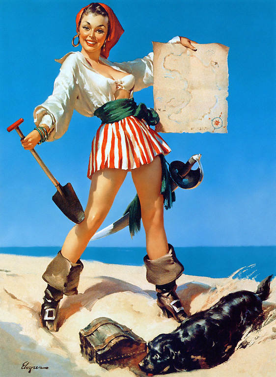 ретро девушка пиратка - карта, пин-ап, песик, остров, лето, песок, пиратка, клад, винтаж, ретро - оригинал