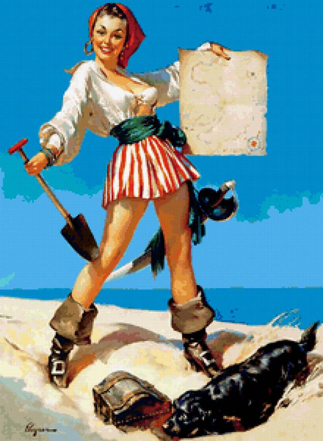 ретро девушка пиратка - пин-ап, песик, пиратка, лето, винтаж, клад, песок, ретро, карта, остров - предпросмотр