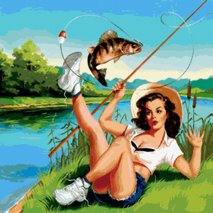 рыбачка - ретро, речка, рыба, рыбалка - предпросмотр