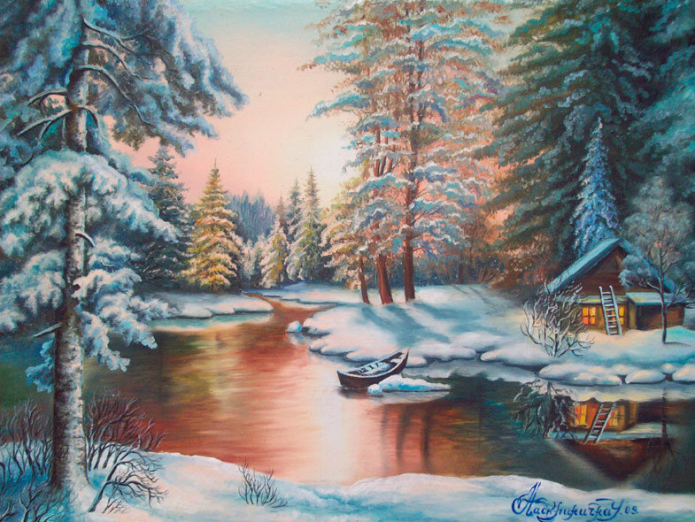 зимний пейзаж - снег, зима, деревья, дом, лес, река - оригинал