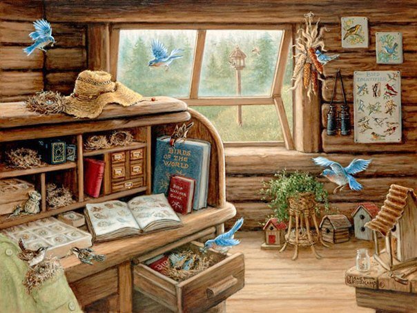 птицы - стол, скворецник, окно, бинокль, цветы, вид, шляпа, уют, дом, книги, птицы - оригинал