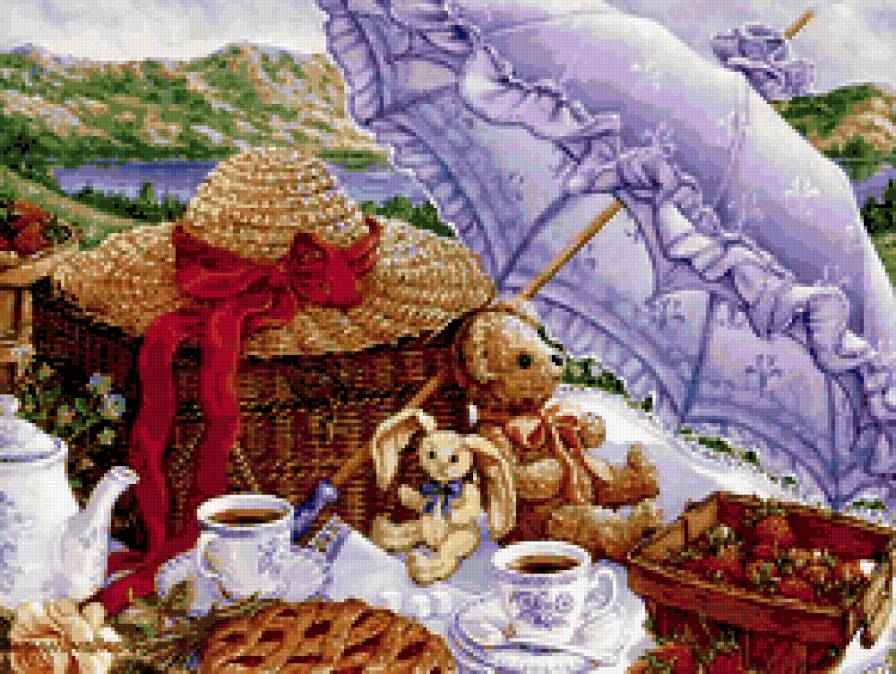 пикник - уют, пикник, завтрак, чай, горы, зонт, машка, клубника, вид, шляпа, заяц - предпросмотр