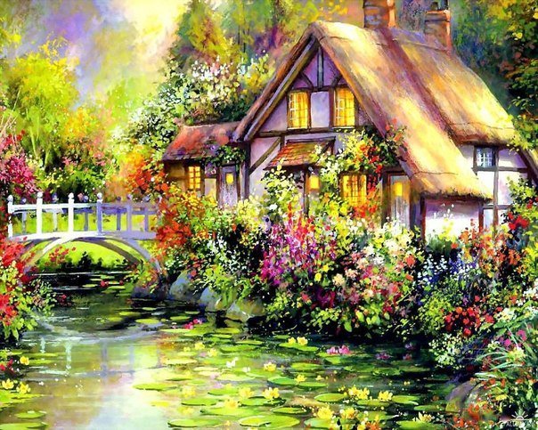 домик - красота, мостик, цветник, куст, домик, вид, речка, цветы, дом, в лесу - оригинал