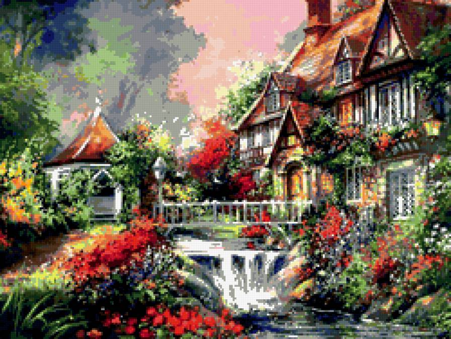 водопад - цветник, лес, речка, дом, картина, водопад, домик, мостик, цветы, вид - предпросмотр