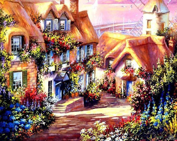 мельница - дом, балкон, картина, вид, мельница, цветы, красота, дорога, домики - оригинал