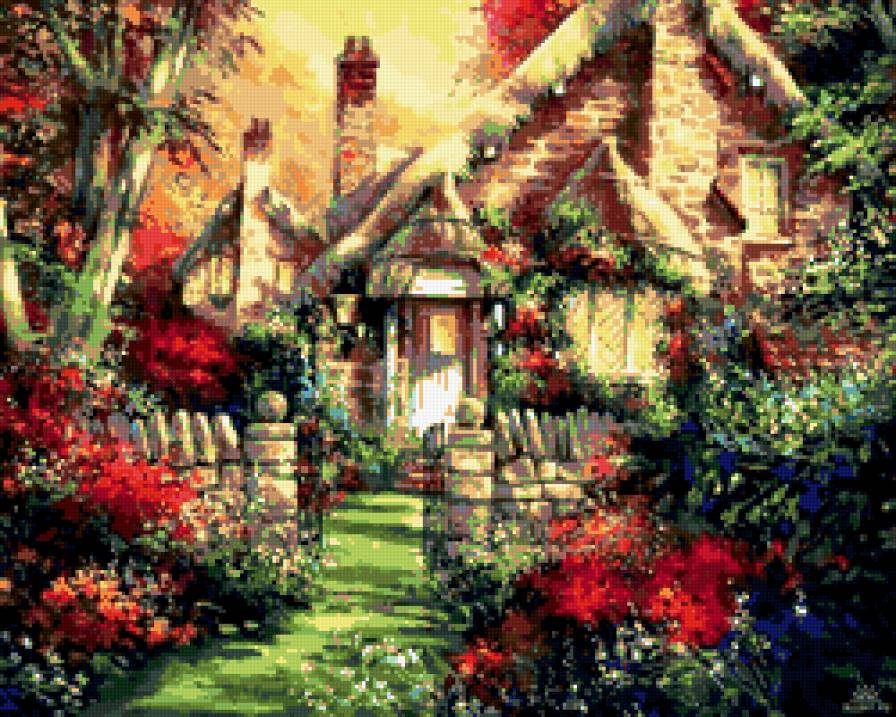 домик - цветник, дорожка, дом, пейзаж, цветы, уют, домик, картина, красота - предпросмотр