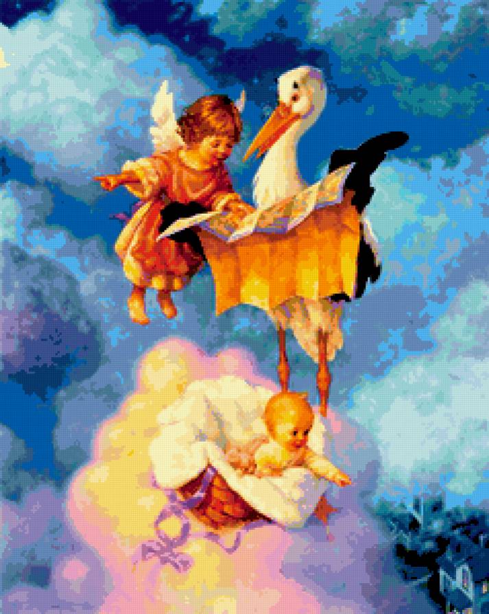 сказка - карта, аист, ангел, мир чудес, небо, новорожденный, младенец, ребенок - предпросмотр