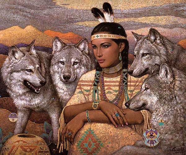 Индейская девушка с волками - индейцы, девушка, волк - оригинал