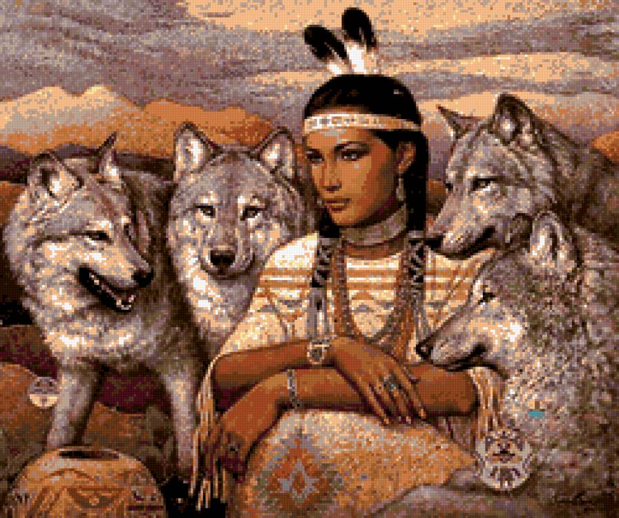Индейская девушка с волками - девушка, индейцы, волк - предпросмотр