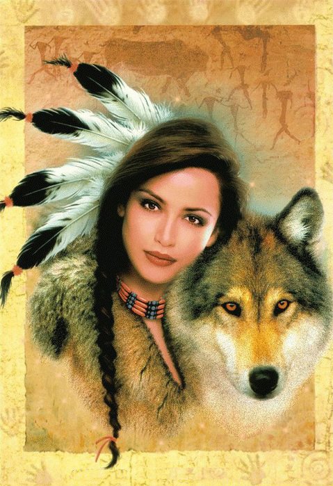 Индейская девушка с волком - волк, девушка, индейцы - оригинал