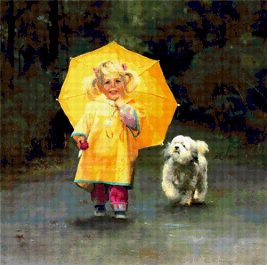 Девочка - девочка, картина, ребенок, собака, зонт - предпросмотр