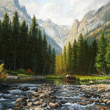 Оригинал схемы вышивки «Пейзаж, лес, река, горы» (№361751)
