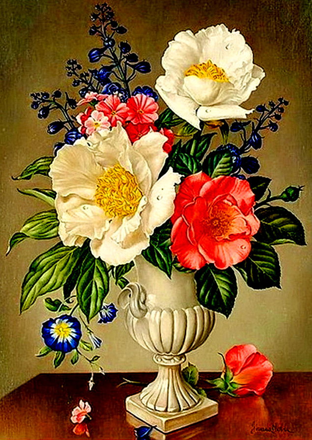 картина - букет, роза, ретро, вьюнок, цветы, ваза, живопись, пион - оригинал