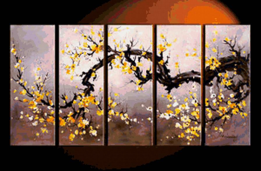 панно сакура - япония, цветы, сакура, восток, акварель, живопись - предпросмотр