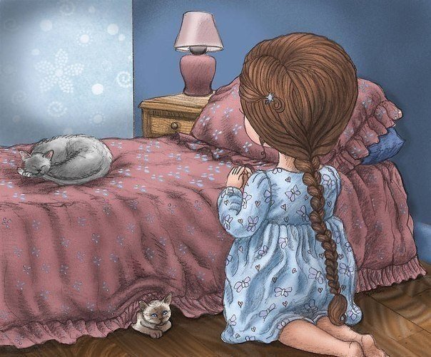 молитва - вечер, ребенок, кот, девочка, кошка, детская - оригинал