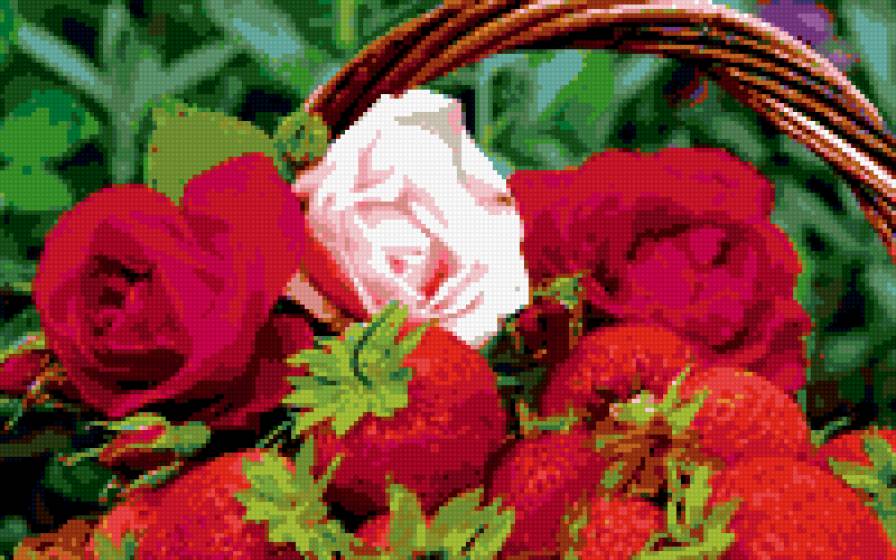 клубника - розы, клубничка, корзина, ягоды, цветы - предпросмотр