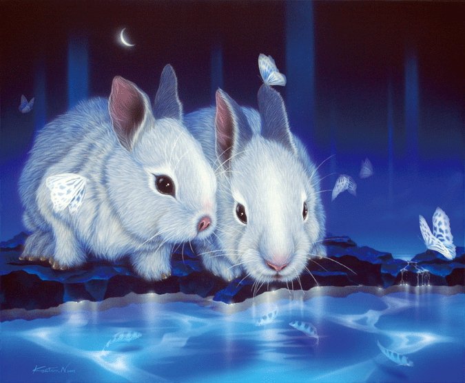 кролики - северное сияние, синий, кролики - оригинал