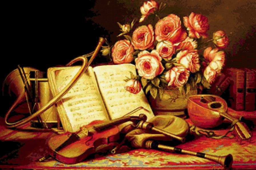 розы - цветы, скрипка, картина, ноты, музыка - предпросмотр