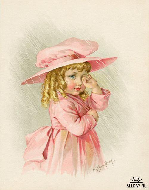 Девочка винтаж дождь - винтаж, старинные открытки, девочка - оригинал