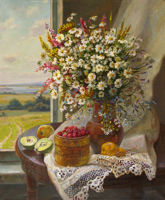 Букет ромашек и фрукты - ягоды, цветы, окно, ромашки, натюрморт - оригинал