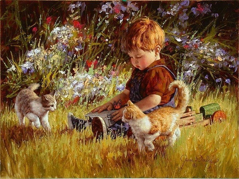 мальчик на лужайке - дети, куст, игрушки, цветы, ребенок, котята, мальчик, кот - оригинал