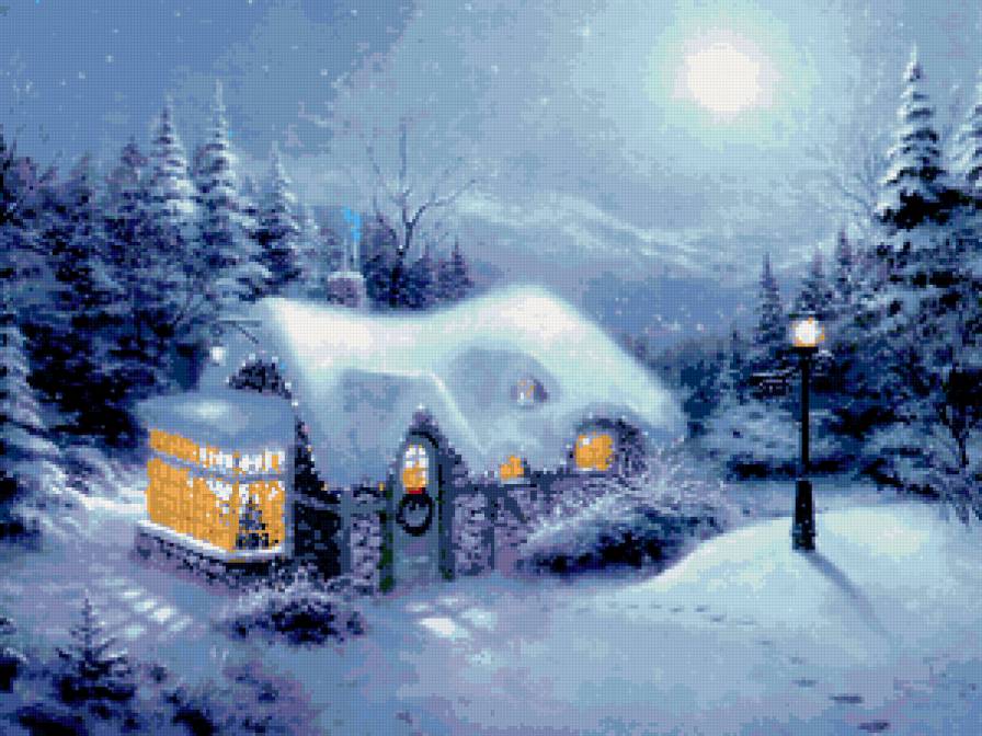 домик - дом, луна, лес, зима, фонарь, природа, ель - предпросмотр