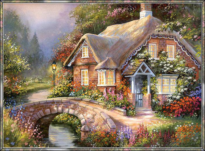 домик - дворик, дом, цветы, мост, полисадник, природа, лес, река - оригинал