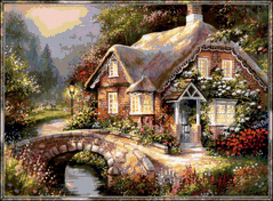 домик - цветы, природа, дом, река, лес, мост, полисадник, дворик - предпросмотр