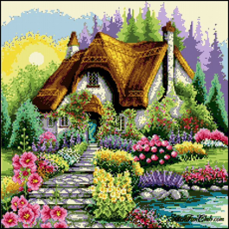 домик - лес, дворик, цветы, дом, полисадник, природа - предпросмотр