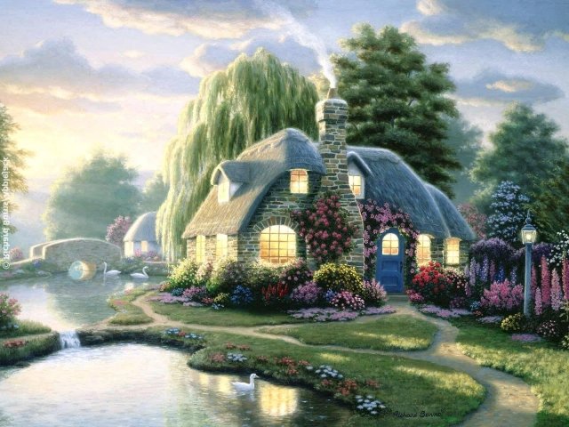 домик - полисадник, река, мост, дворик, лебедь, цветы, лес, дом, фонарь, природа - оригинал