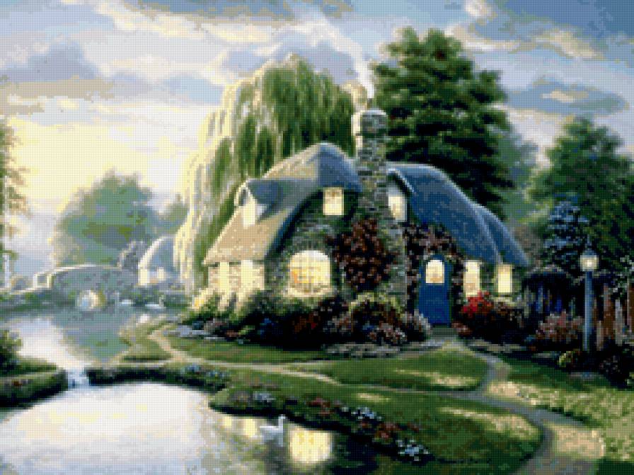 домик - дом, дворик, лес, река, мост, фонарь, лебедь, цветы, полисадник, природа - предпросмотр