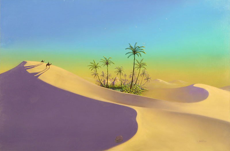 оазис - караван, песок, пустыня, пальмы.верблюды - оригинал