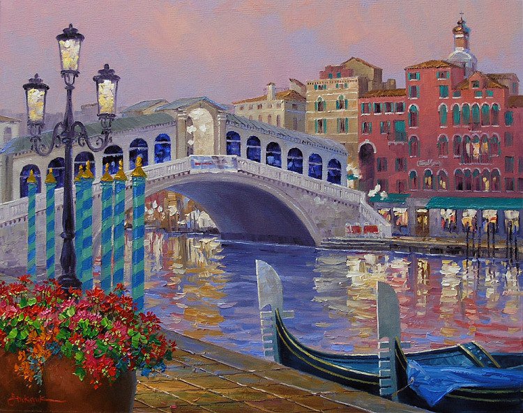 набережная - мост, цветы, фонарь, река - оригинал