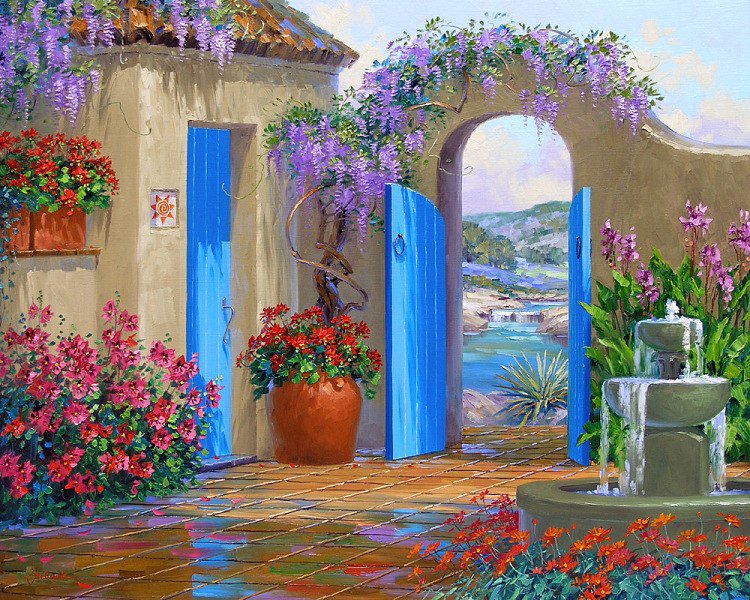 дворик - фонтан, дом, горшки, картина, букет, уют, горы, цветы, дверь - оригинал