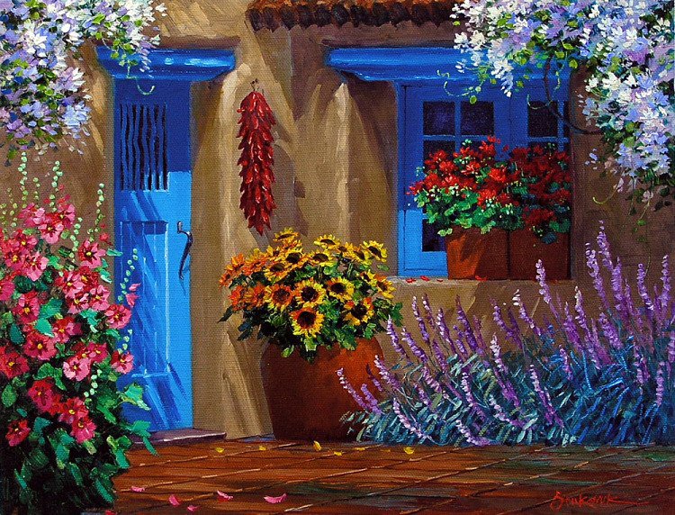 дворик - горшки, букет, перец, цветы, дом, картина, уют, дверь - оригинал