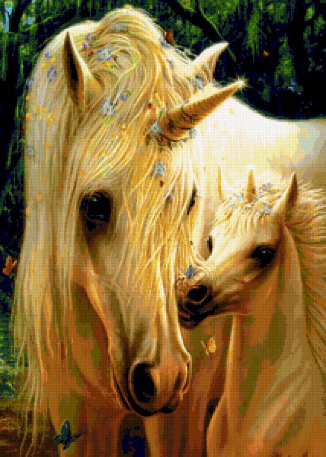 Единорог - картина, единорог, лошади, фентэзи, природа, животные - предпросмотр