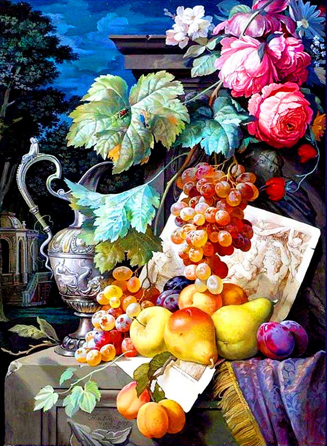 картина 1 - груши, виноград, фрукты, цветы, живопись, ваза, сливы, роза, абрикосы - оригинал