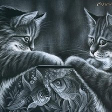 Оригинал схемы вышивки «коты и рыбы» (№367781)