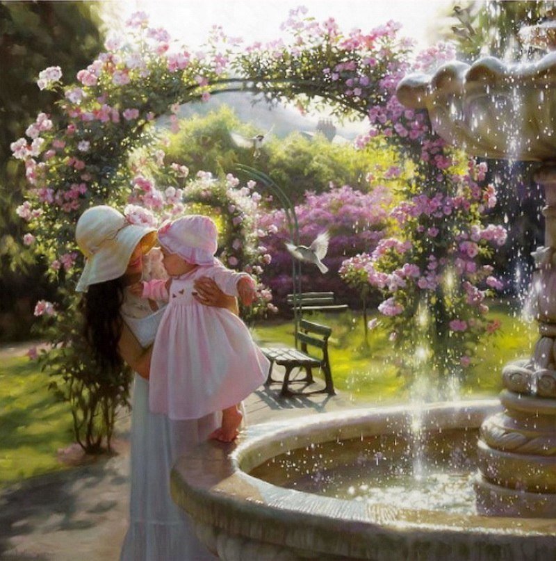 Мама - девочка, ребенок, дети, цветы, мать, роза, вода, фонтаны, любовь, парк - оригинал