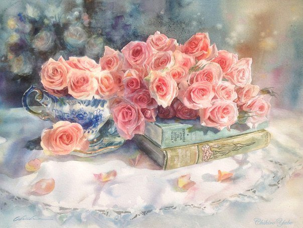 розы - букет, книги, чашка, натюрморт, цветы. розы - оригинал