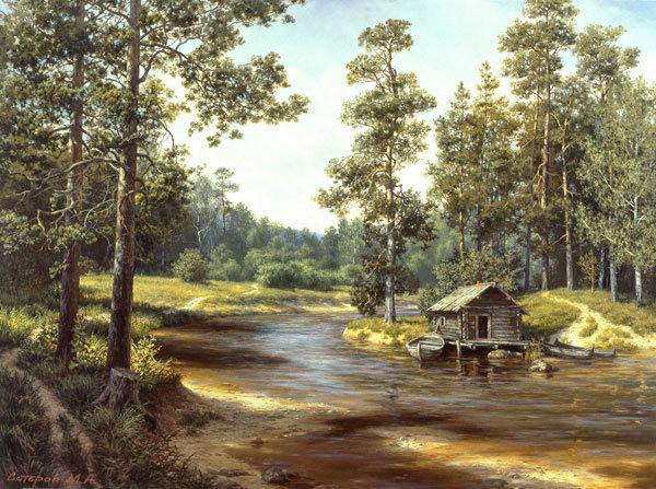 Лесная сторожка (М.Сатаров) - ручей, лес, пейзаж, домик - оригинал