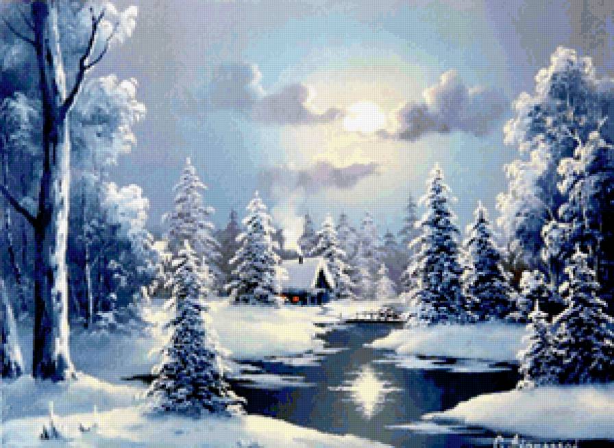 зимний пейзаж - дом, лес, река, природа, снег, зима - предпросмотр