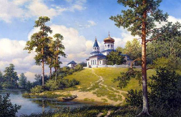 Церковь над рекой (По картине М.Сатарова) - церковь, лето, пейзаж - оригинал