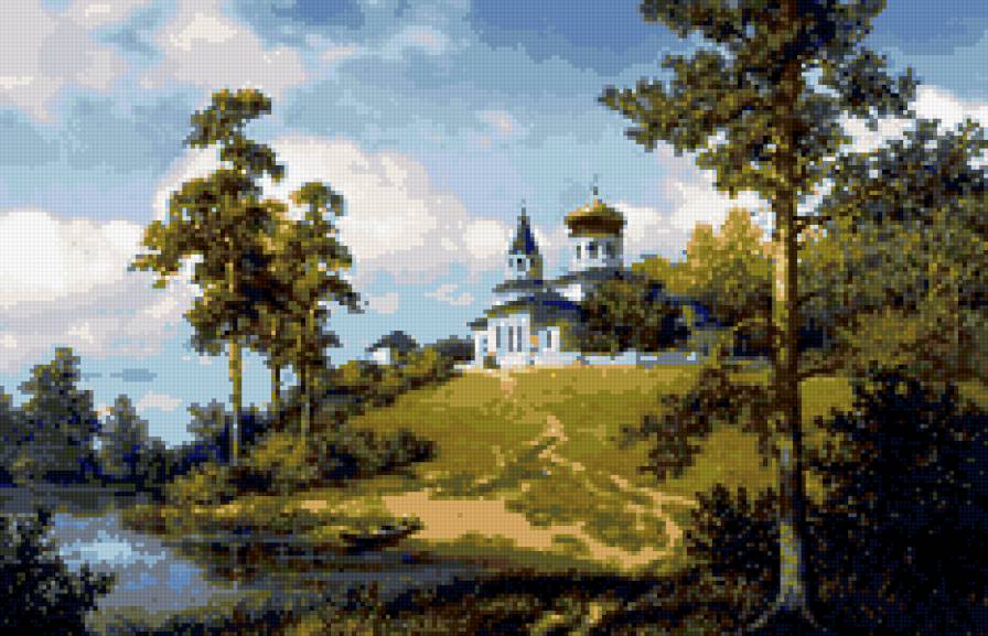 Церковь над рекой (По картине М.Сатарова) - церковь, пейзаж, лето - предпросмотр