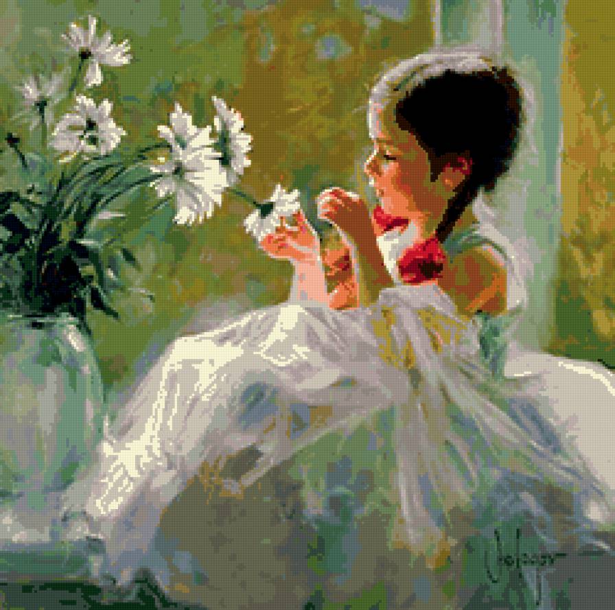 девочка и цветы - букет, девочка, ромашки, окно, дети, цветы, ребенок - предпросмотр