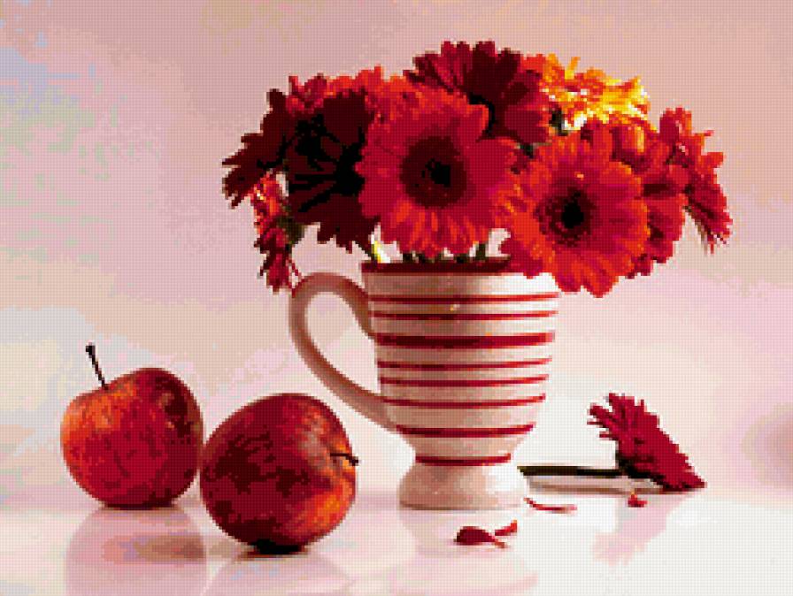 натюрморт - натюрморт, яблоко, ваза, букет, цветы - предпросмотр