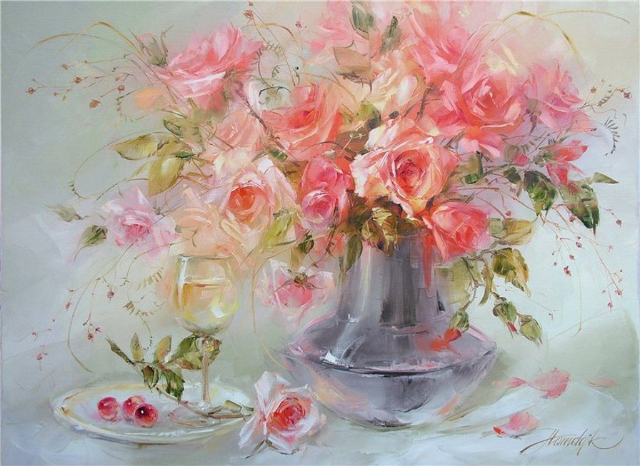 розы - букет, ваза, цветы, натюрморт, роза - оригинал