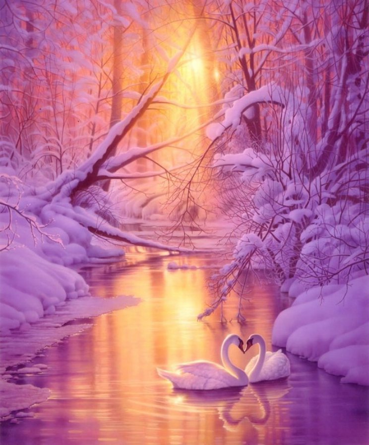 картина - пейзаж, закат, речка, природа, зима - оригинал
