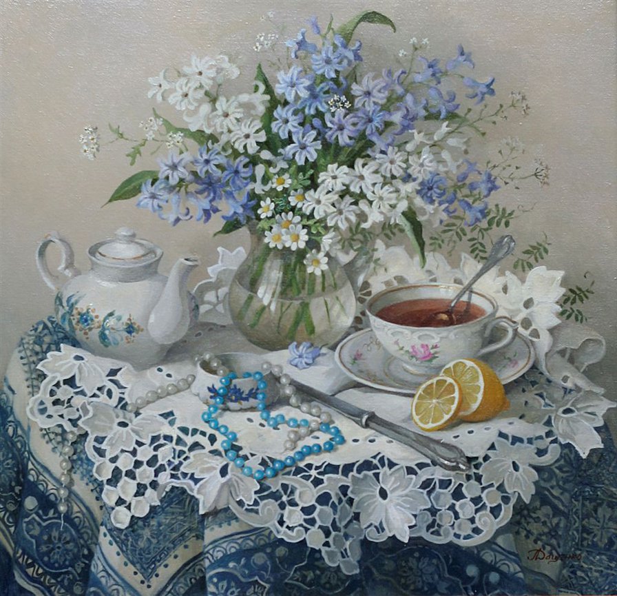 натюрморт - чай, цветы, натюрморт, картина - оригинал