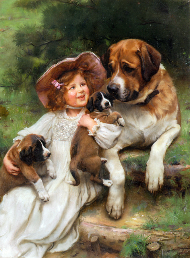друзья - девочка, щенки, собаки, картина - оригинал